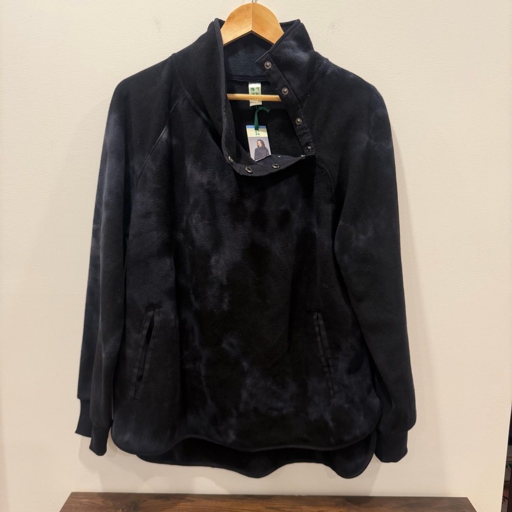 GreenTea large Black Gray fleece Jacket sweatshirt pockets cozy side neck button